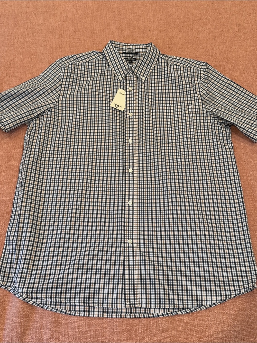 NWT menβs large Blue and White Short-Sleeve Check Button-Down Shirt